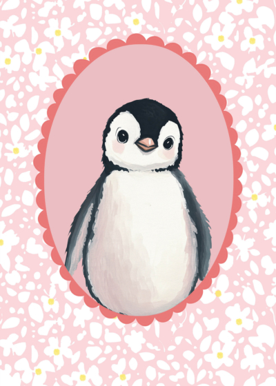 Plakat pingwinek różowe tło kwiaty pokój dziecięcy