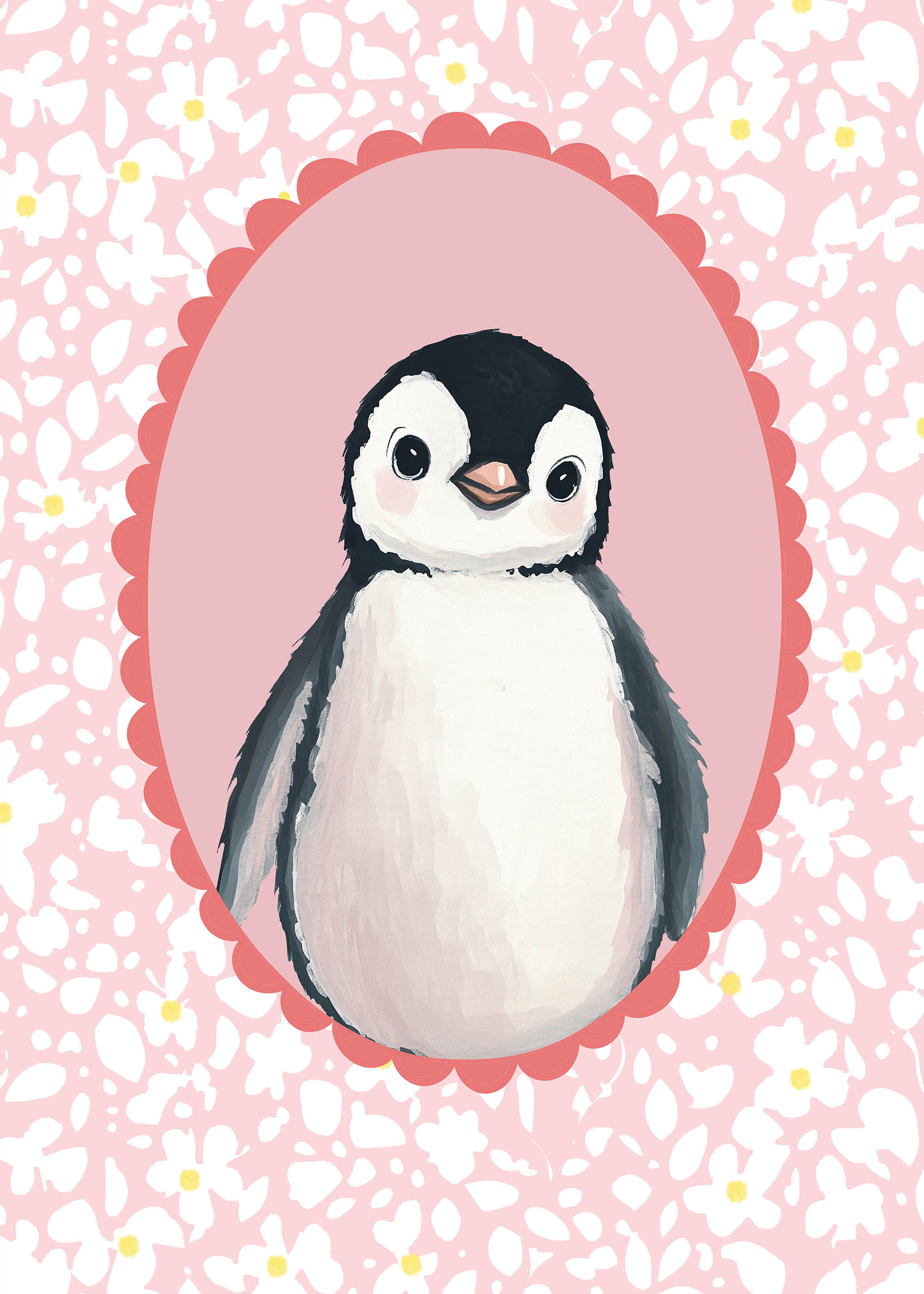 Plakat pingwinek różowe tło kwiaty pokój dziecięcy