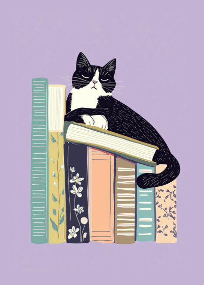 Plakat kotek śpiący na książkach dla dziecięcego pokoju