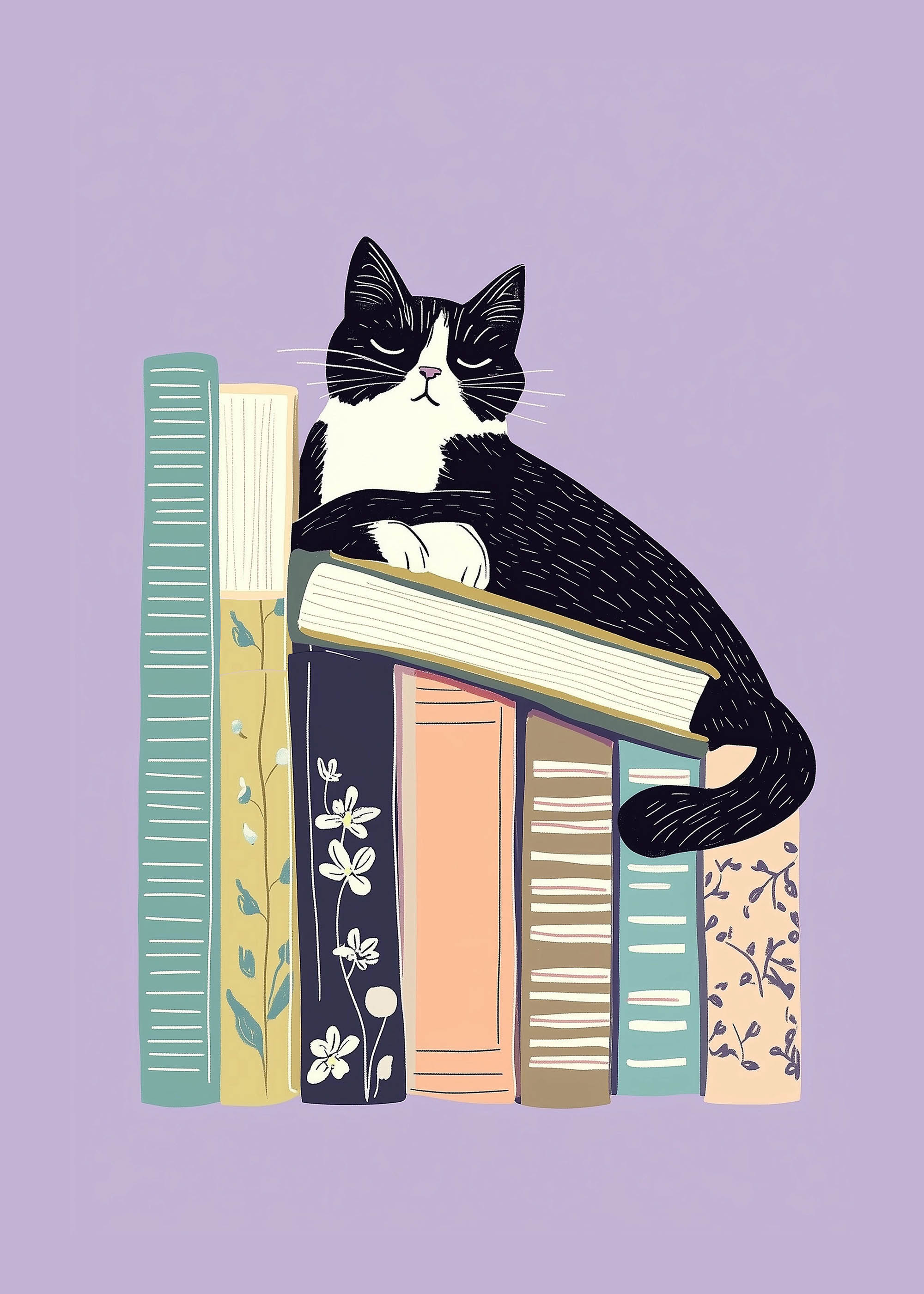 Plakat kotek śpiący na książkach dla dziecięcego pokoju