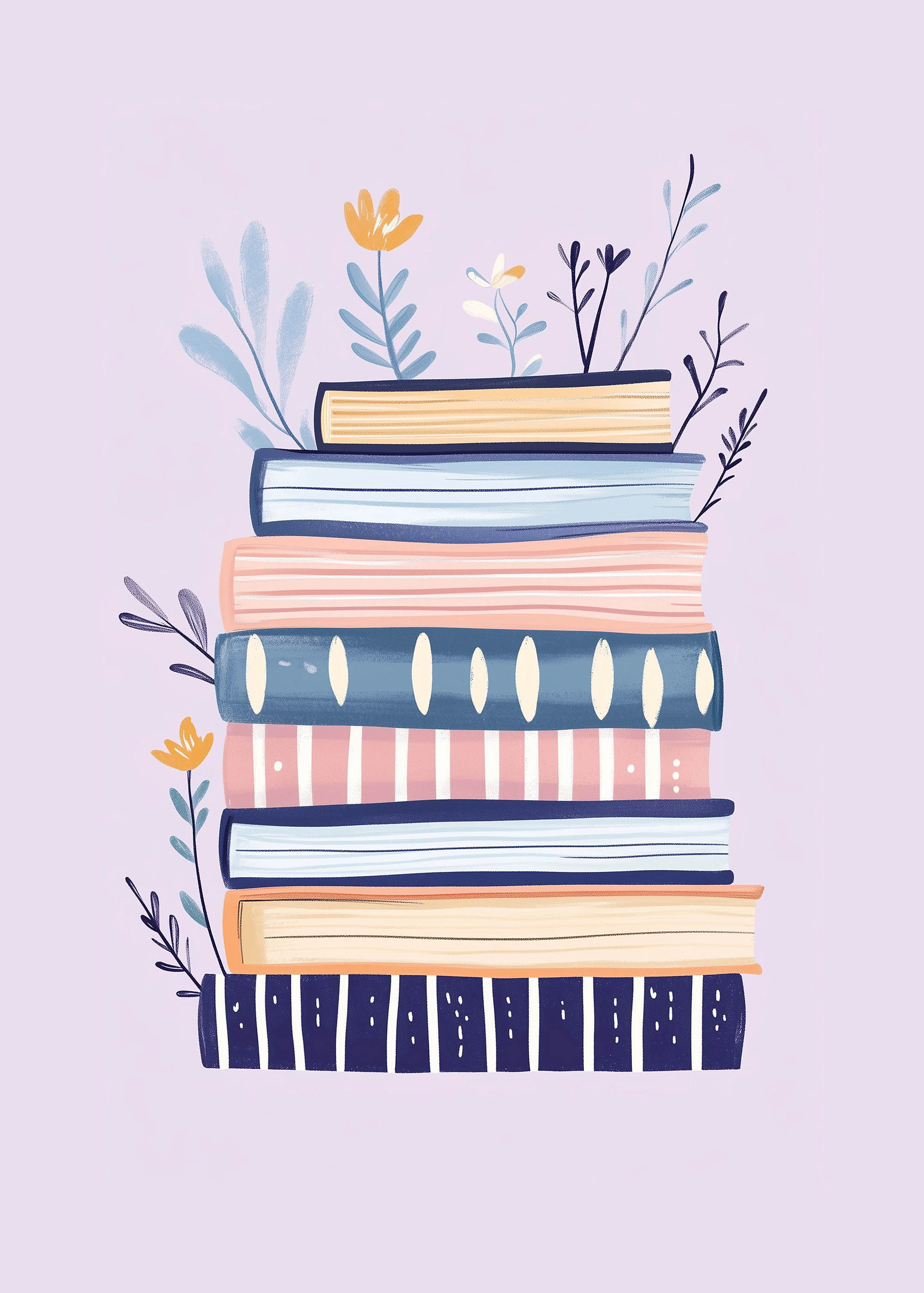Plakat stos książek z roślinami pastelowy dla dzieci