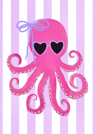 Plakat różowa ośmiornica z kokardką dla dzieci vintage