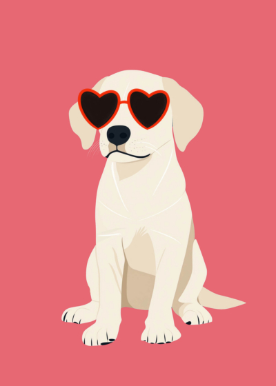 Plakat labrador w okularach sercach kremowe futerko coral