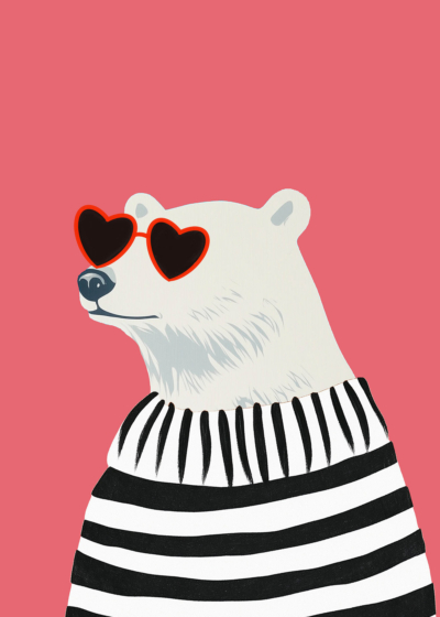 Plakat stylowy miś polarny w okularach i marynarce w paski