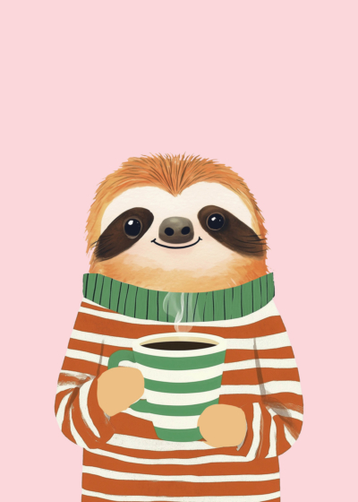 Plakat leniwiec z kawą zimowy dla dzieci skandynawski