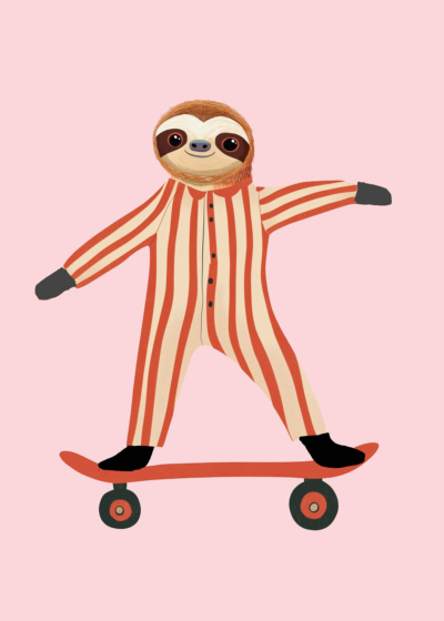 Plakat leniwiec na deskorolce w paski dla dzieci