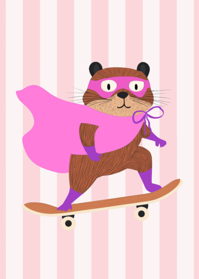 Plakat miś superbohater na deskorolce różowy pokój dzieci