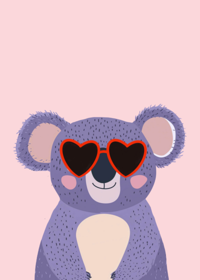 Plakat koala w czerwonych okularach sercach dla dzieci