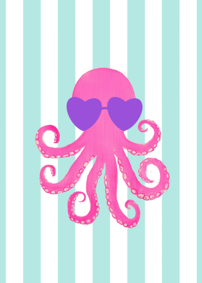 Plakat kolorowa ośmiornica dla dzieci w okularach fuksja