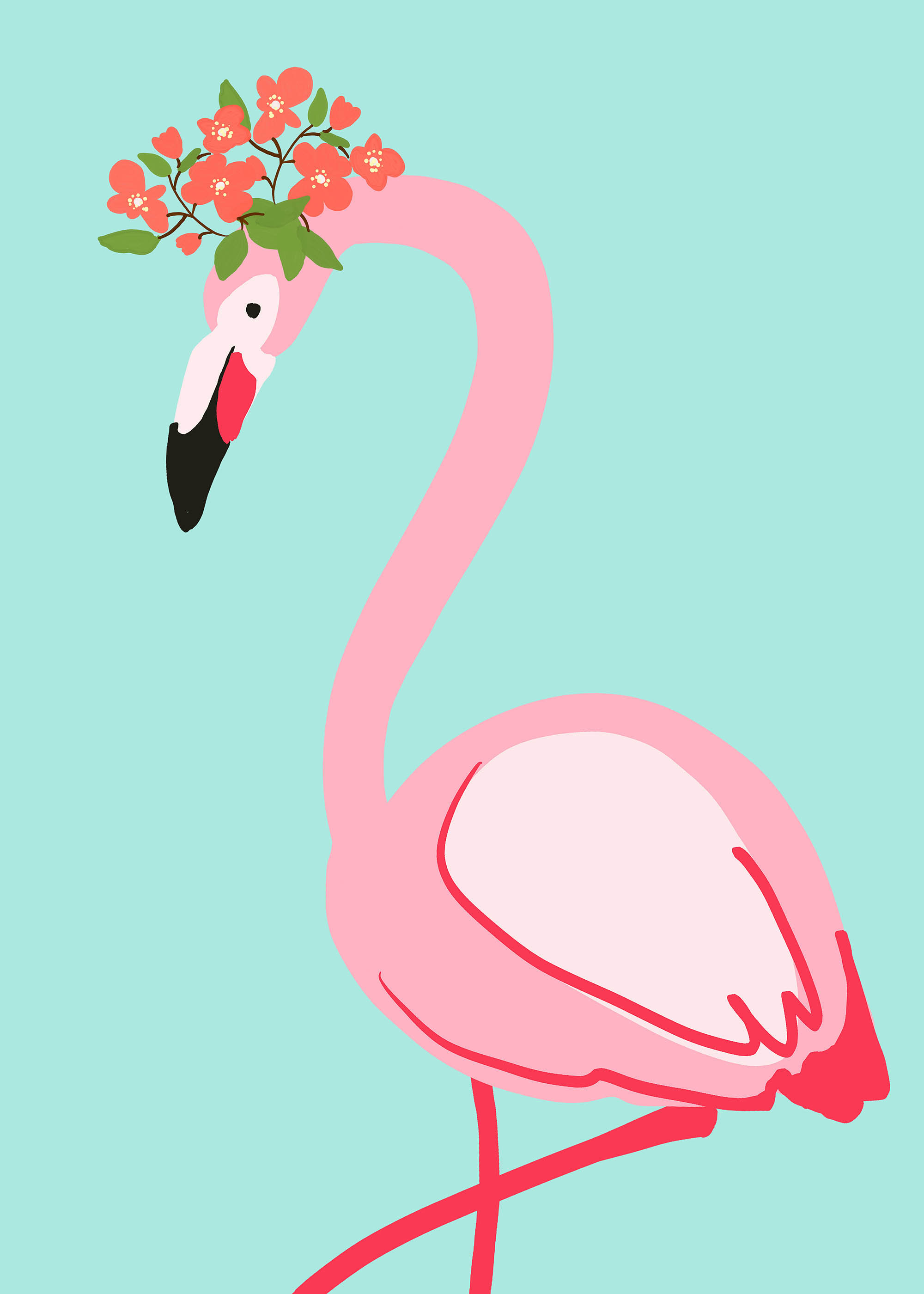 Plakat flamingo z kwiatami w koronie różowy turkusowy