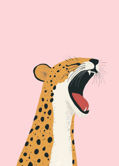 Plakat gepard z otwartym pyskiem różowe tło dla dzieci