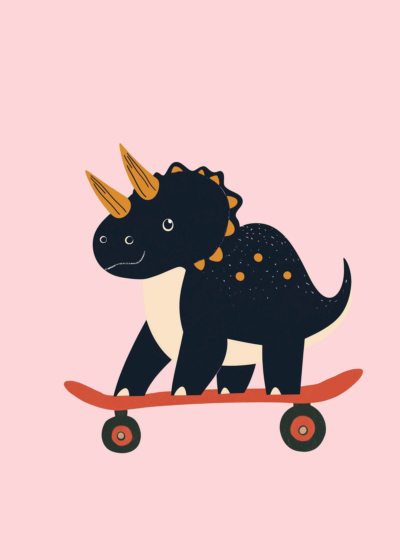Plakat dinozaur triceratops na deskorolce dla dzieci