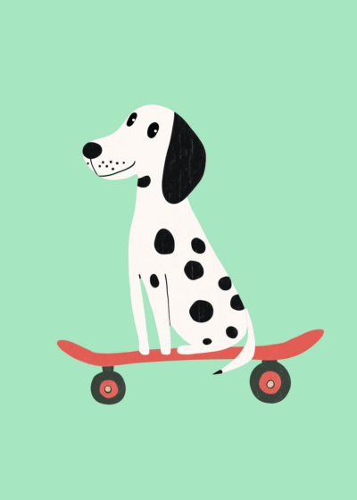 Plakat dalmatyńczyk na deskorolce dla dzieci miętowy