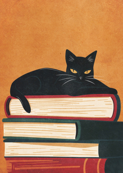 Plakat czarny kot na książkach vintage retro dla dzieci