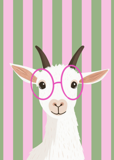 Plakat wesoła koza w różowych okularach do pokoju dziecka