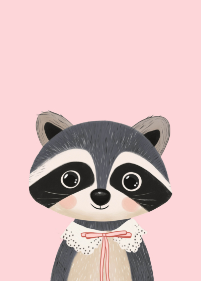 Plakat szop pracz w różowym tle dla dziecięcej sypialni