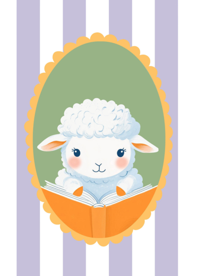 Plakat baranek czytający książkę dla dzieci pastelowy