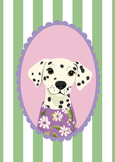 Plakat dalmatyńczyk w kwiatowej koszulce do pokoju dziecka