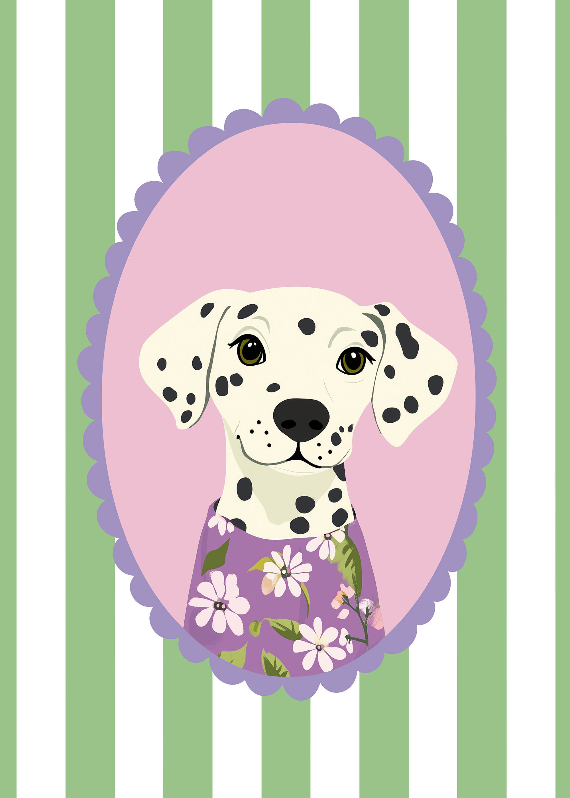 Plakat dalmatyńczyk w kwiatowej koszulce do pokoju dziecka