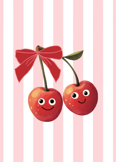 Plakat wesołe wiśnie z czerwoną kokardką dla dzieci