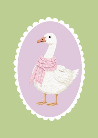 Plakat biała gęś w różowym szaliku dla dzieci
