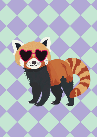 Plakat czerwona panda w okularach serduszkach dla dzieci
