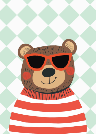 Plakat miś w okularach czerwony marynarski geometryczny