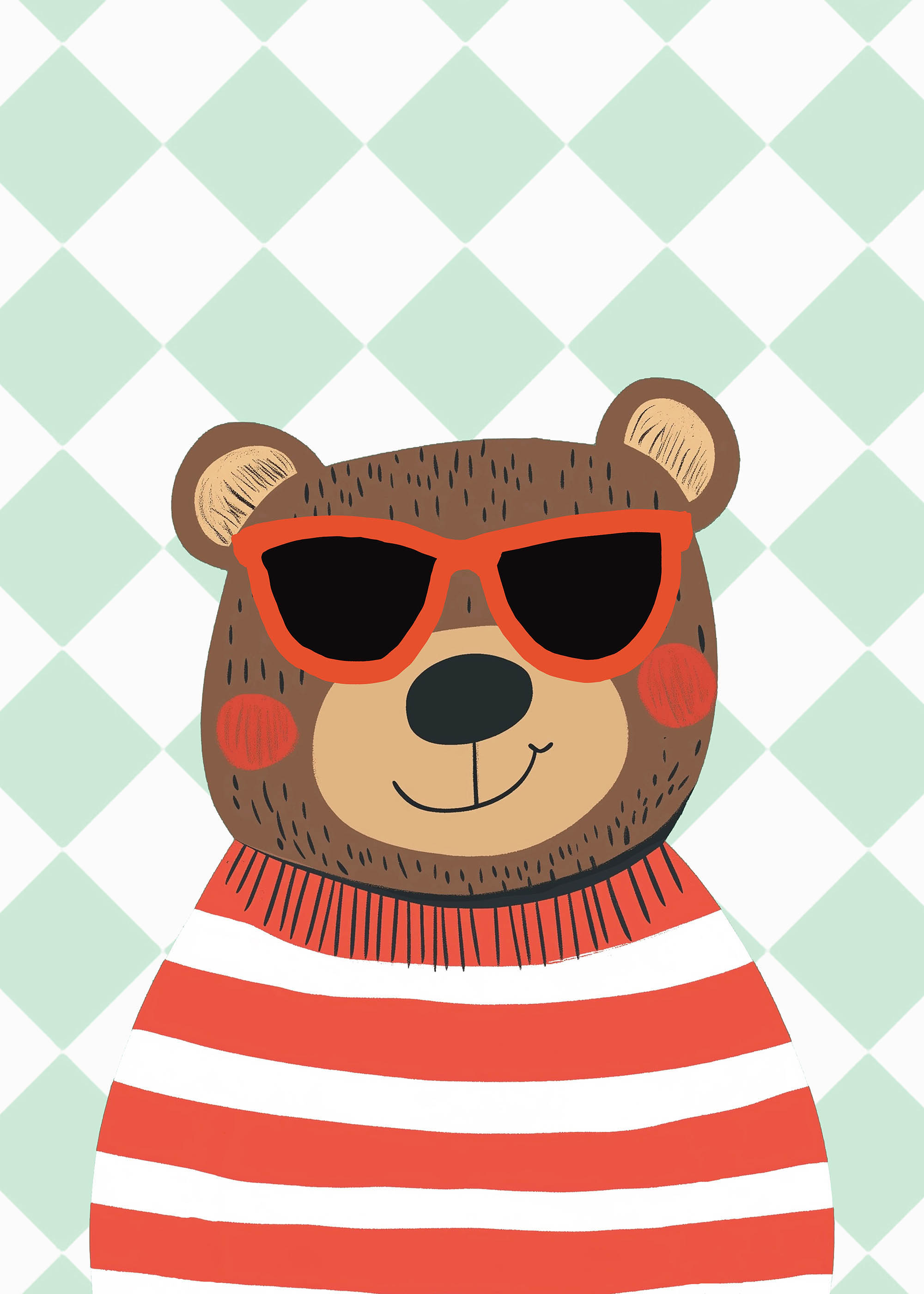 Plakat miś w okularach czerwony marynarski geometryczny