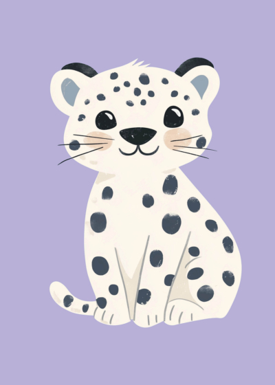 Plakat młody leopard snow kremowy fioletowe tło dziecięcy