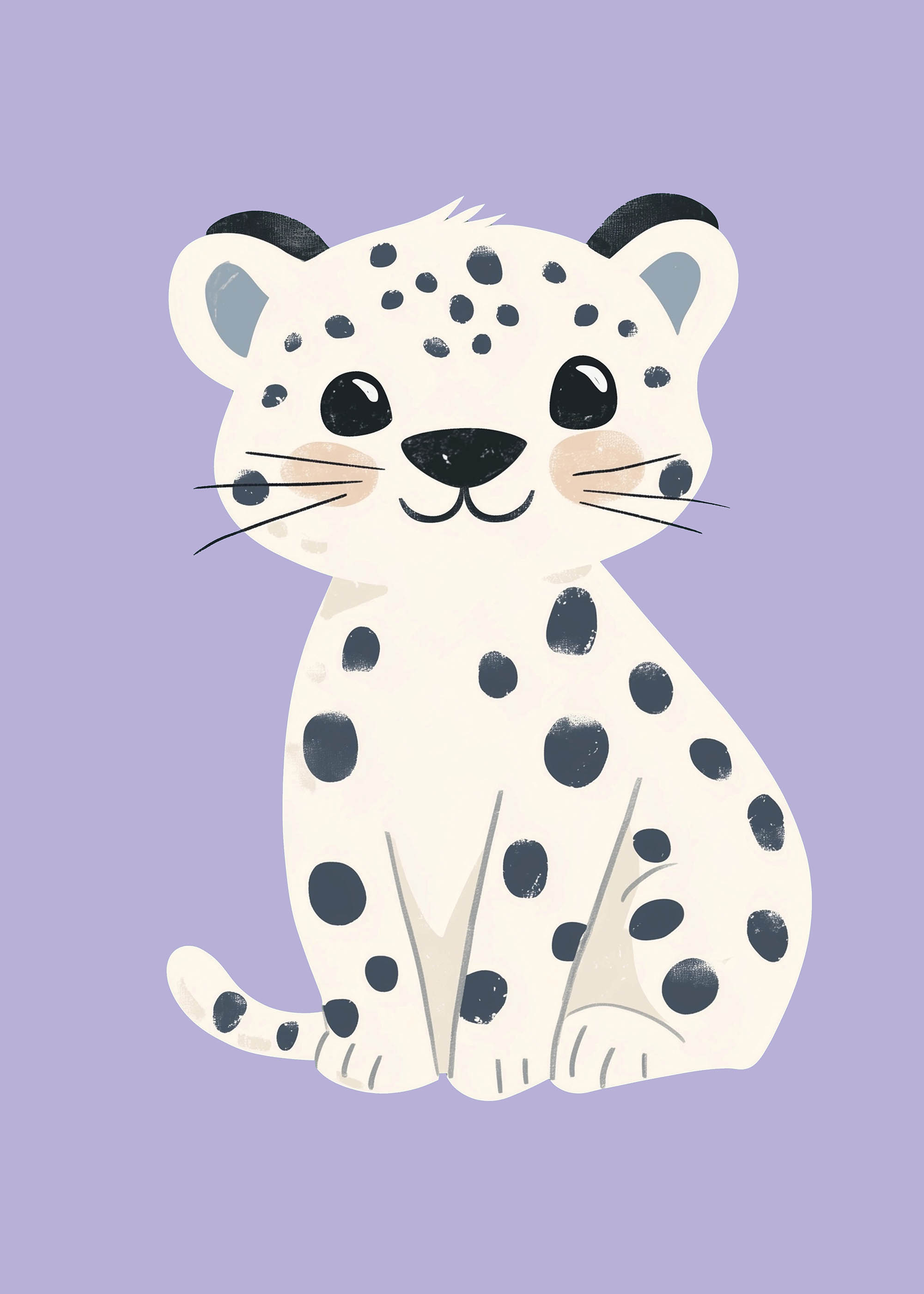 Plakat młody leopard snow kremowy fioletowe tło dziecięcy