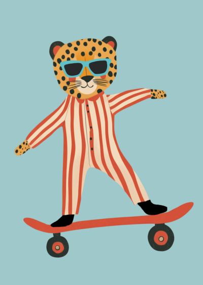 Plakat gepard w okularach na deskorolce dla dzieci