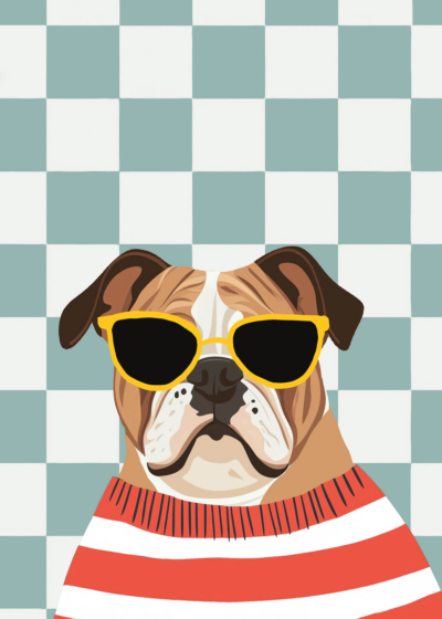 Plakat wesołego buldoga w okularach dla dzieci