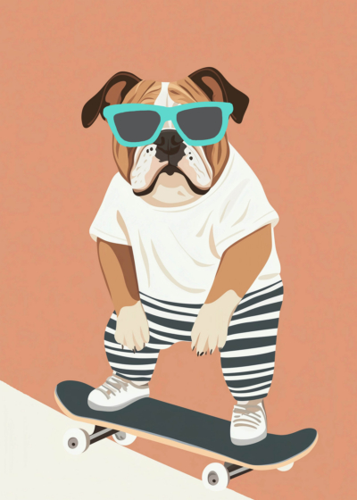 Plakat buldog na deskorolce w okularach przeciwsłonecznych