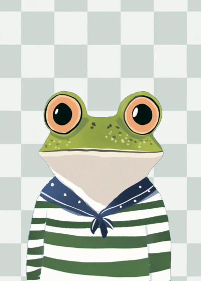 Plakat żabka marynarz dla dzieci zielono-biały skandynawski