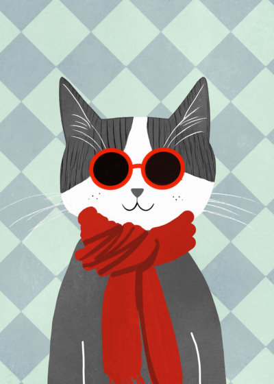 Plakat kot w okularach i szaliku dla dzieci nordic style