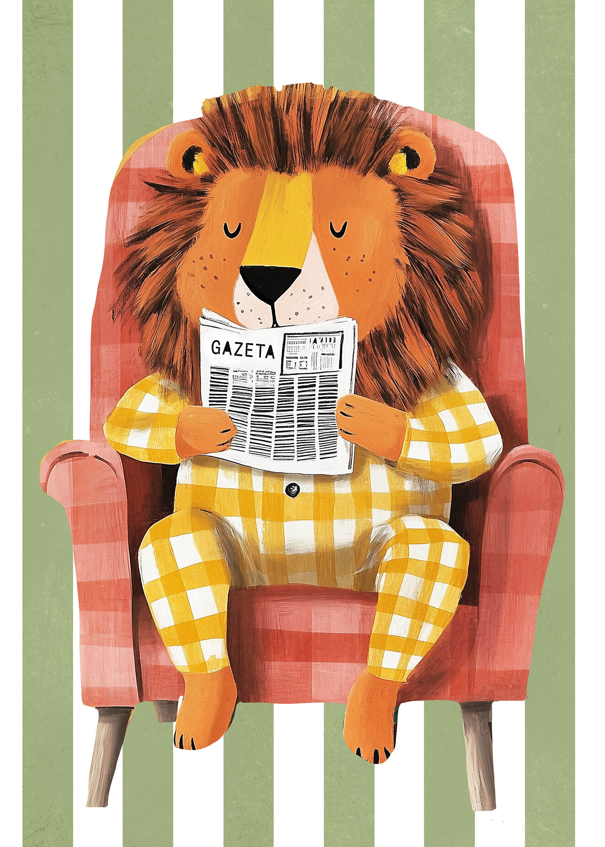 Plakat lew w piżamie czytający gazetę w fotelu dla dzieci