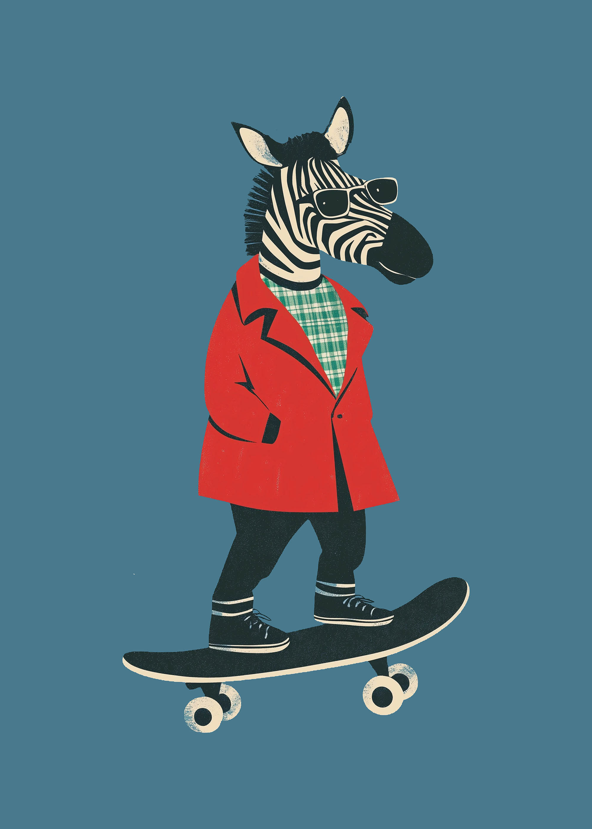 Plakat zebra na deskorolce w okularach urban art dla dzieci