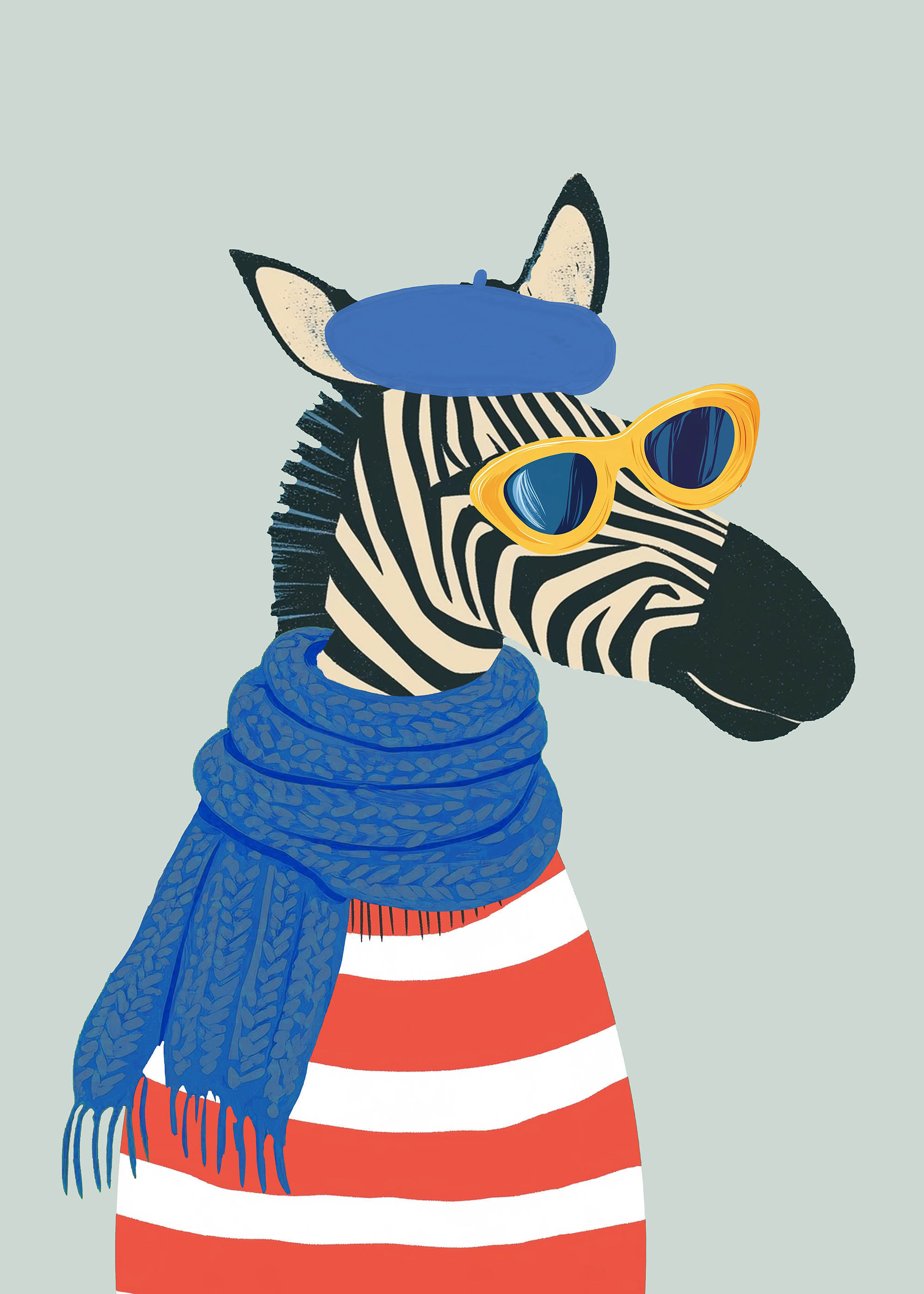 Plakat zebra w berecie i okularach styl paryski dla dzieci