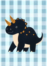Plakat czarny dinozaur triceratops dla dzieci błękitne tło