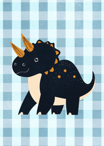 Plakat czarny dinozaur triceratops dla dzieci błękitne tło