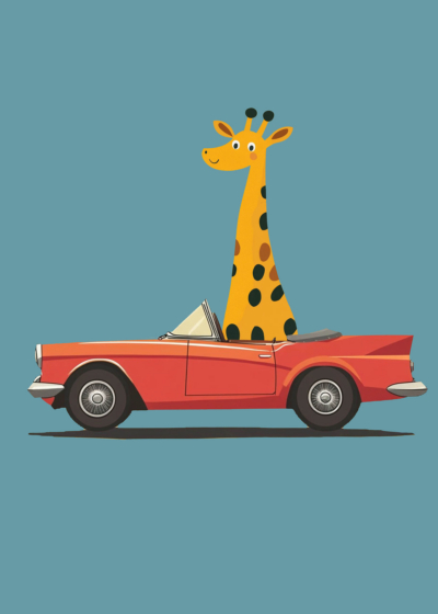 Plakat żyrafa w czerwonym kabriolecie dla dzieci