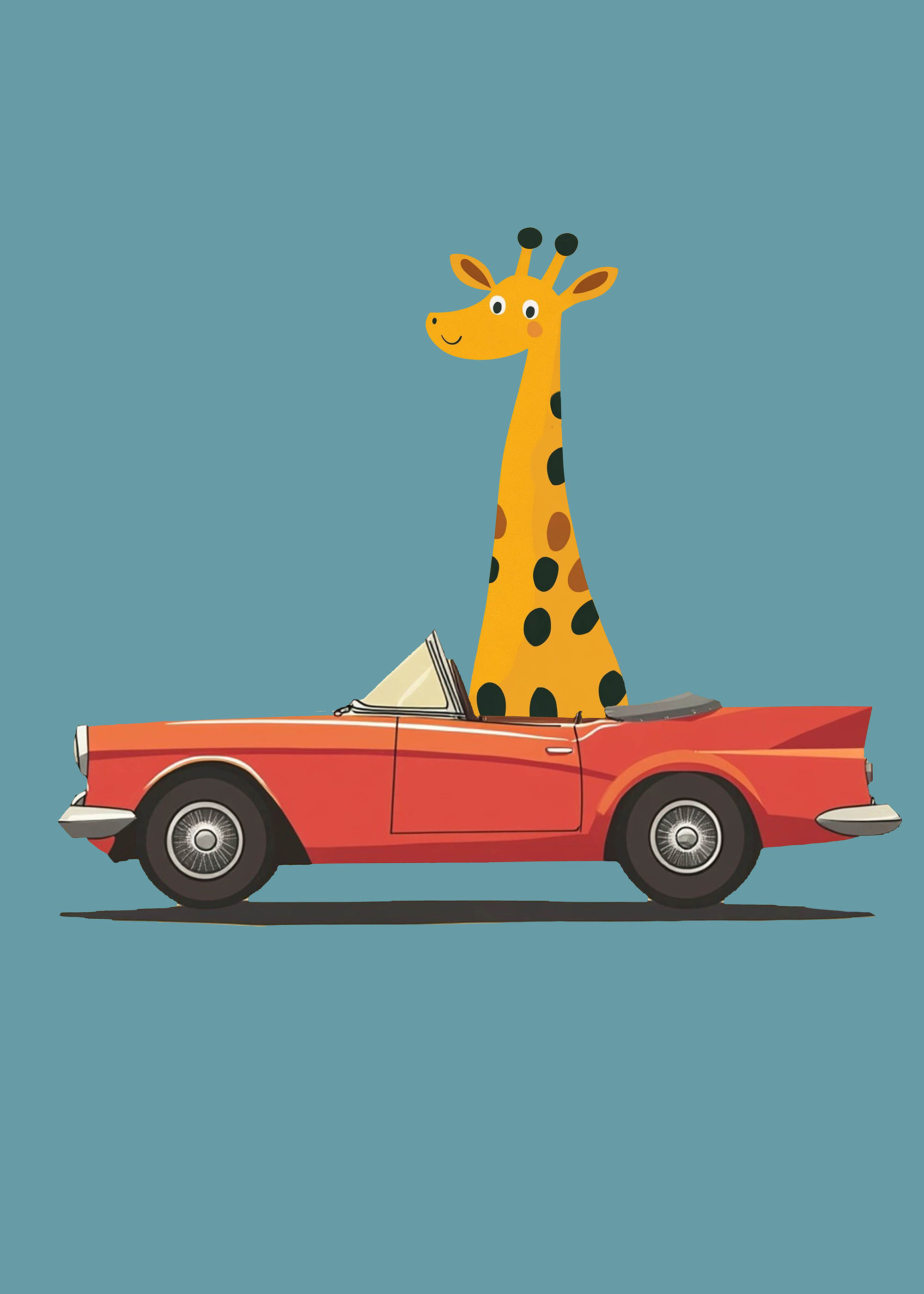 Plakat żyrafa w czerwonym kabriolecie dla dzieci