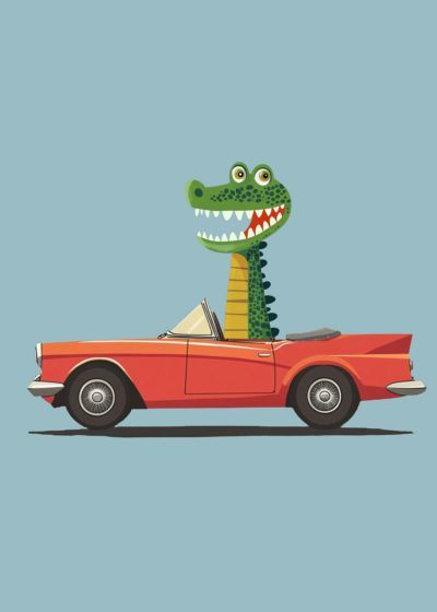 Plakat krokodyl w czerwonym kabrioleecie dla dzieci