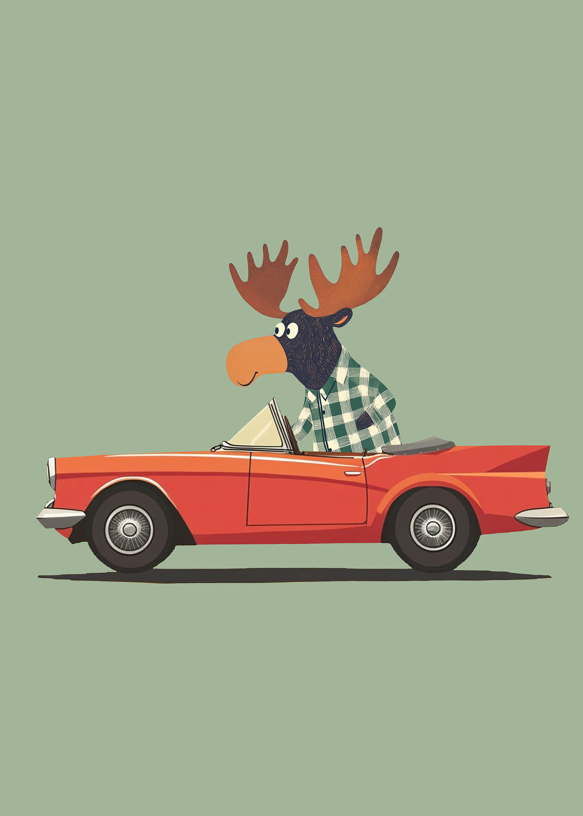 Plakat łoś w kabriolecie vintage dla dzieci skandynawski