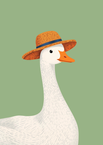 Plakat biała gęś w słomianym kapeluszu dla dzieci