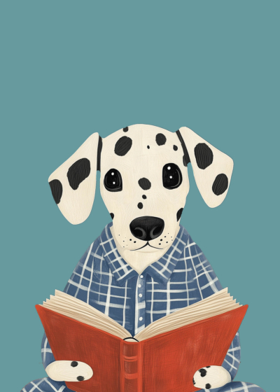 Plakat dalmatyńczyk czytający książkę dla dzieci vintage