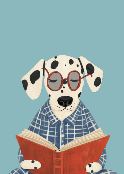 Plakat dalmatyńczyk w okularach czytający książkę dla dzieci