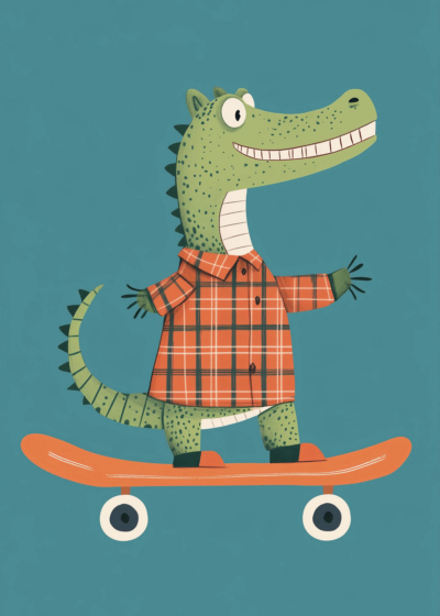 Plakat krokodyl deskorolkarz dla dzieci zielony humor