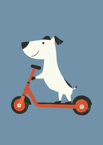 Plakat biały piesek na hulajnodze dla dzieci skandynawski