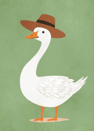Plakat biała gęś w słomkowym kapeluszu dla dzieci